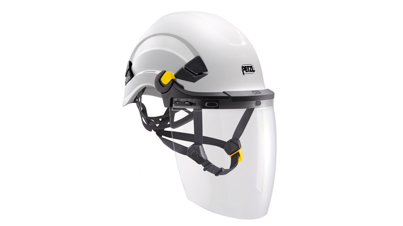 Petzl VIZEN face shield shown installed on a Petzl VERTEX helmet