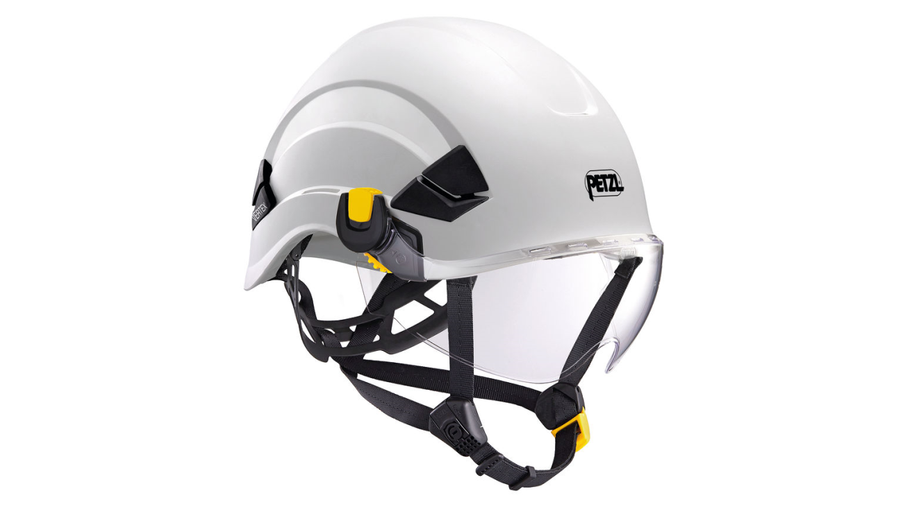 Petzl VIZIR eye shield shown installed on a Petzl VERTEX helmet