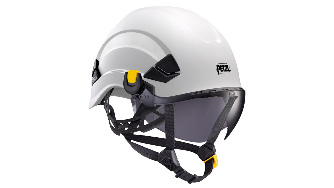 Petzl VIZIR SHADOW eye shield shown installed on a Petzl VERTEX helmet